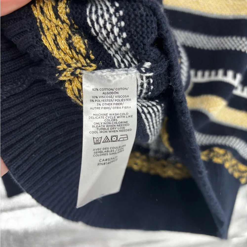 Loft Navy & Gold Striped Scallop Neck Sweater